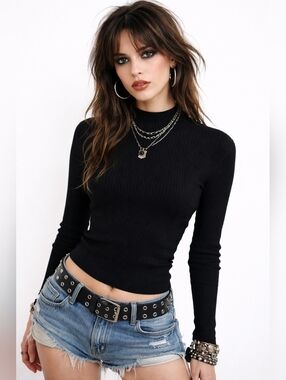 Ann Taylor Black Ribbed Silk Sweater Mock Neck Fitted Chic Sweater Sz Medium